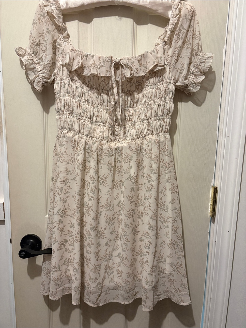 Cream Floral Smocked Dress with Ruffle Neckline